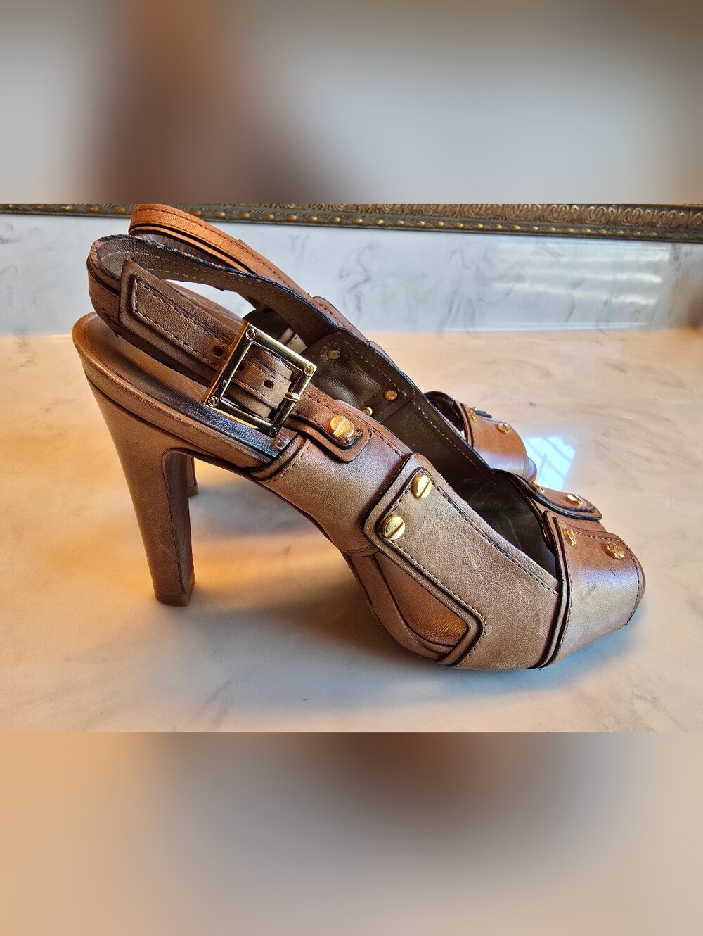 Tory Burch Naomi Slingback Tan Leather Peep Toe Sandals Size 8